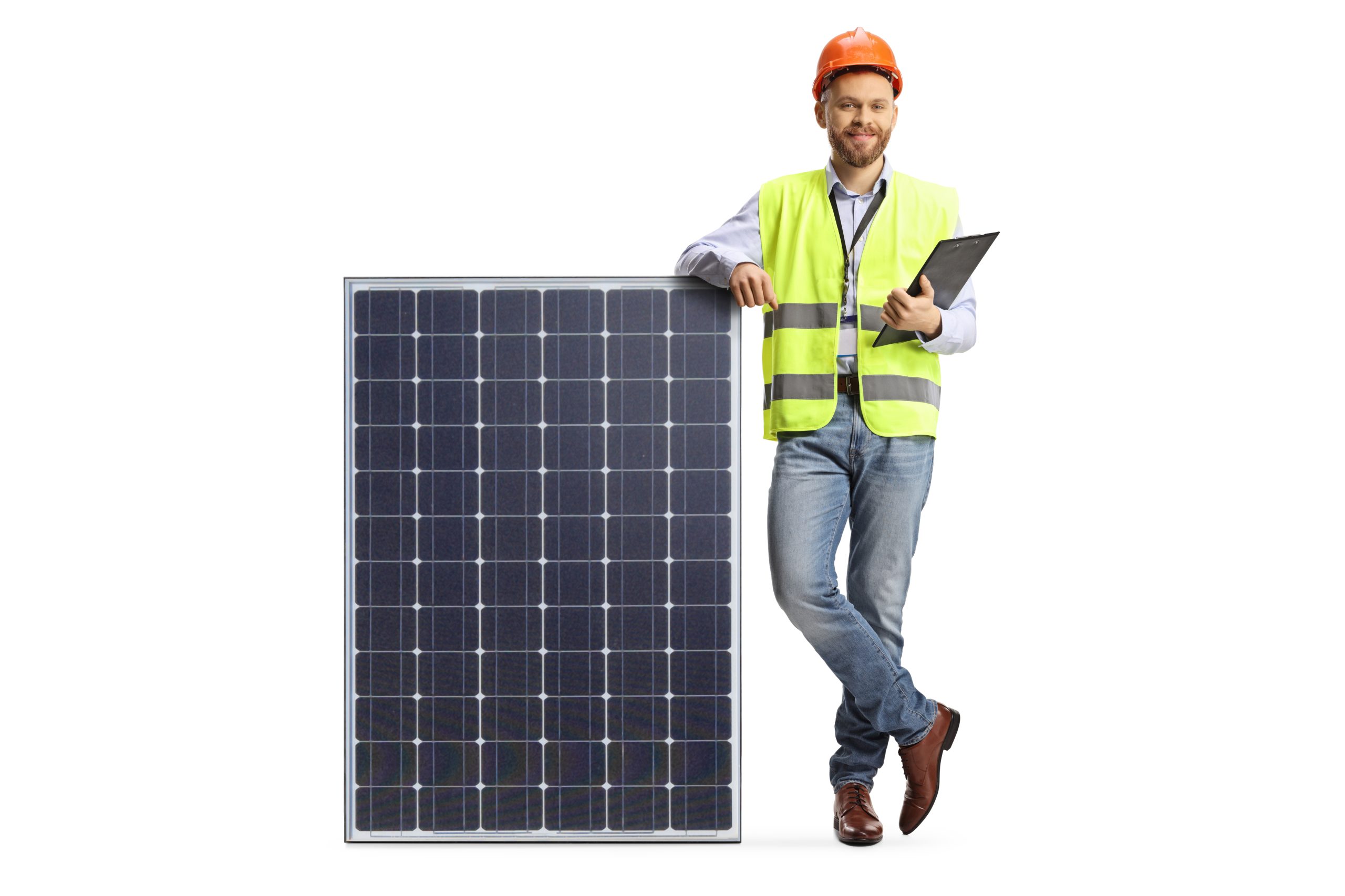 Full,Length,Portrait,Of,A,Male,Engineer,Leaning,On,Solar