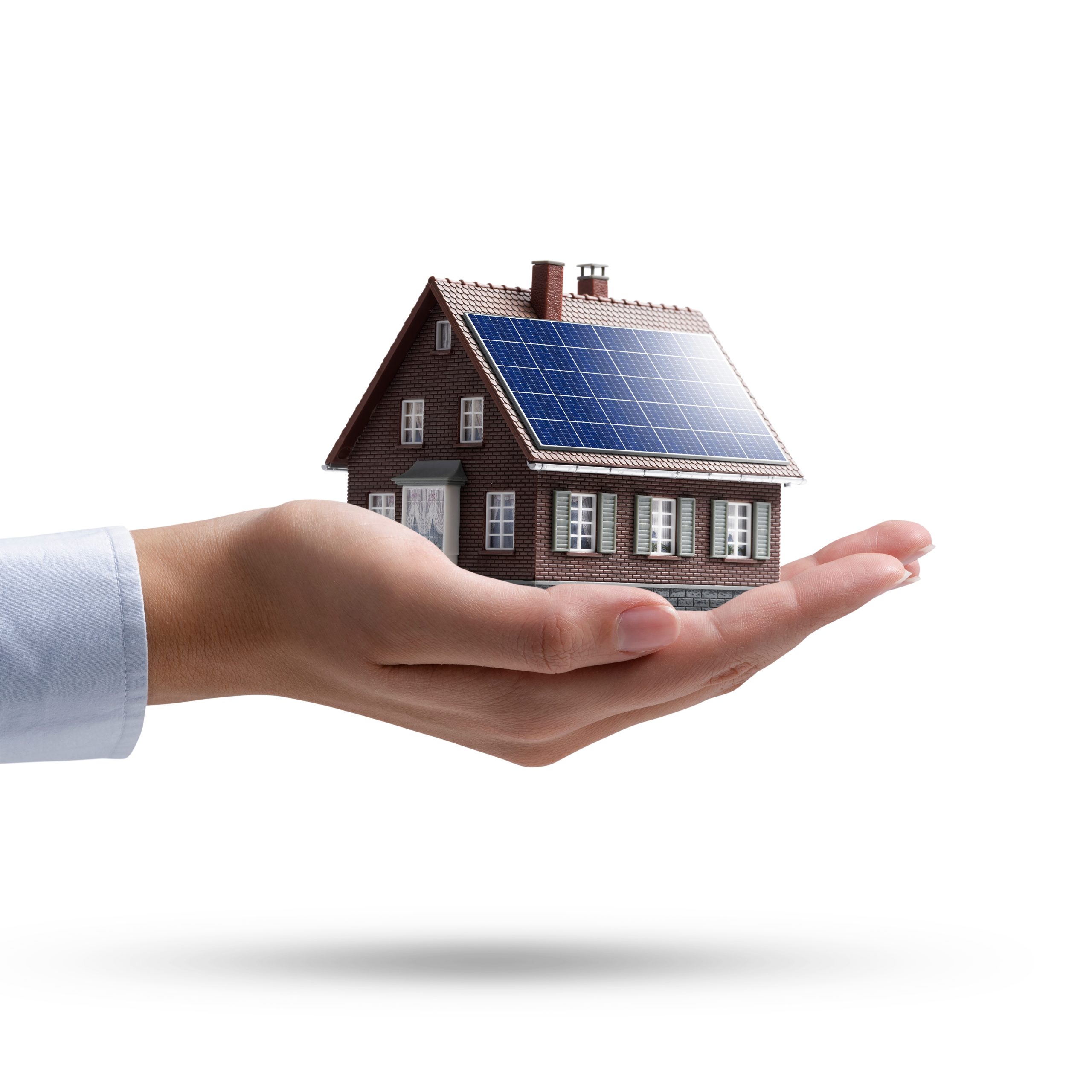 Hand,Holding,An,Energy,Efficient,Model,House,With,Solar,Panels,